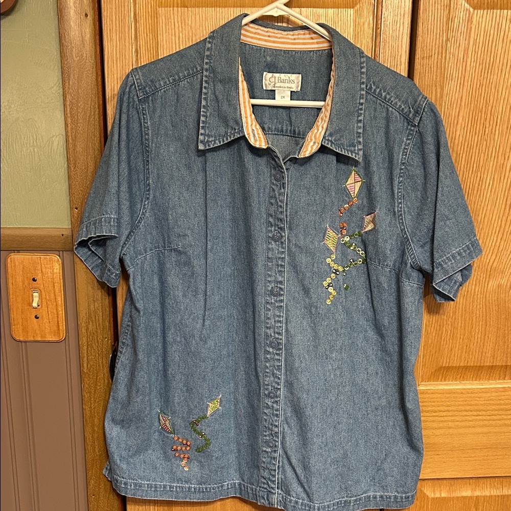 CJ Banks Blue Denim Shirt with Colorful Embroidery
